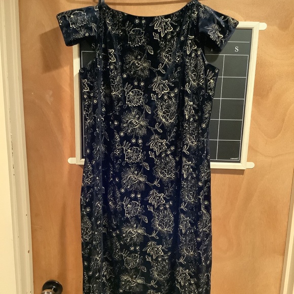 Off Shoulder Navy & Gold Velvet Dress - Picture 1 of 3